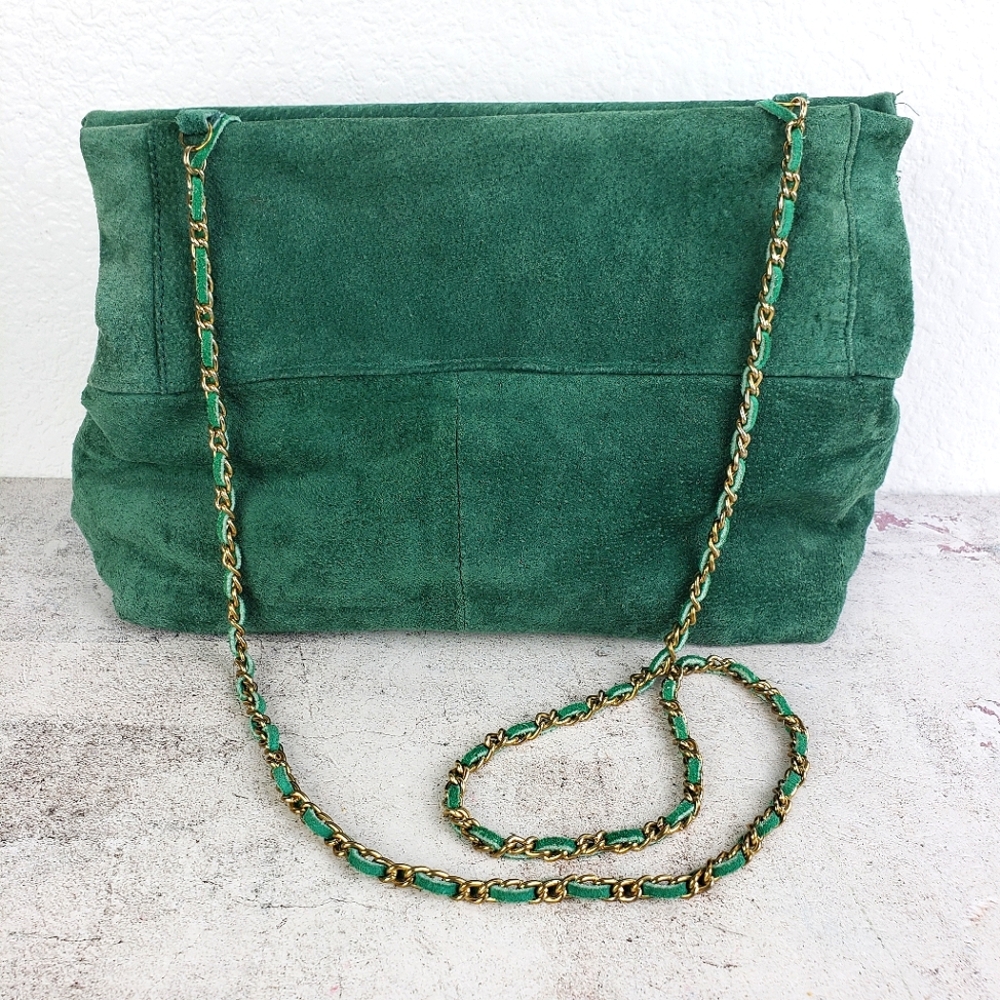 Vintage Suede Leather Purse Bag Emerald Green Crossbody Big Mouth Chain Strap